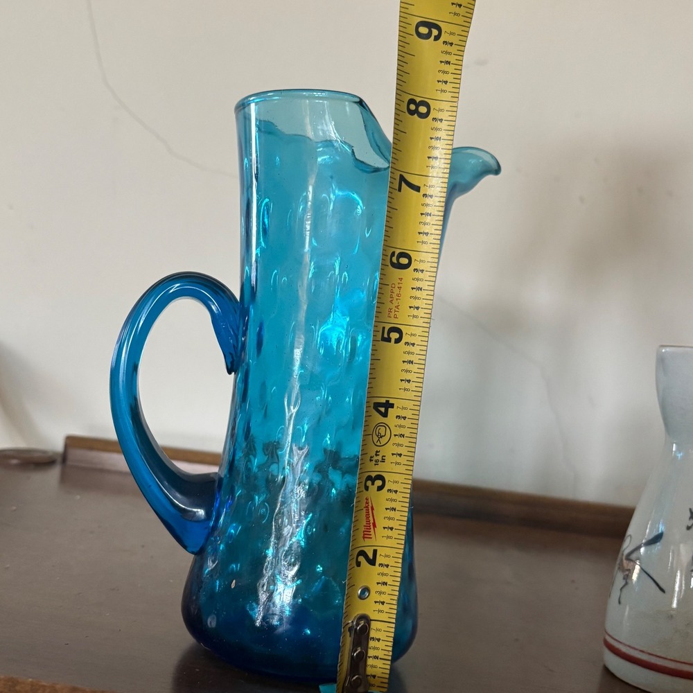 Vintage Hand Blown Turquoise Blue Glass Pitcher Thumbprint Optic MCM 8.5" - Picture 3 of 3